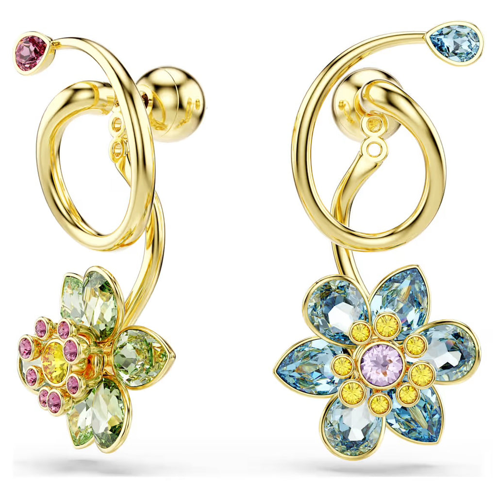 Idyllic Asymmterical Multicoloured Flower Mixed Cuts Gold Drop Earrngs