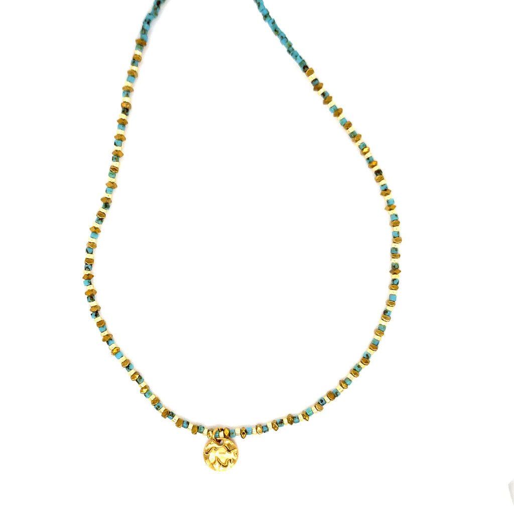 Copper Beaded Necklace - Blue/Gold Gemstone