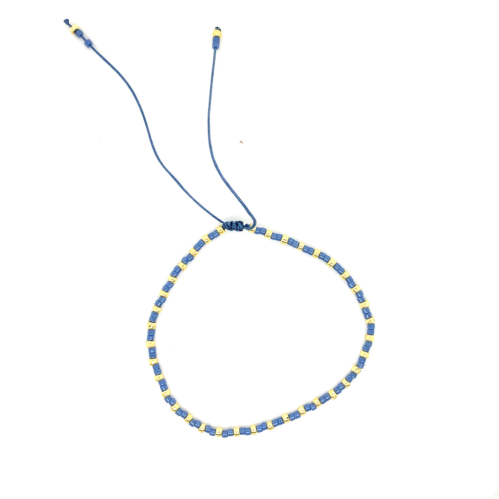 Blue & Gold Glass Beaded Adjustable Bracelet