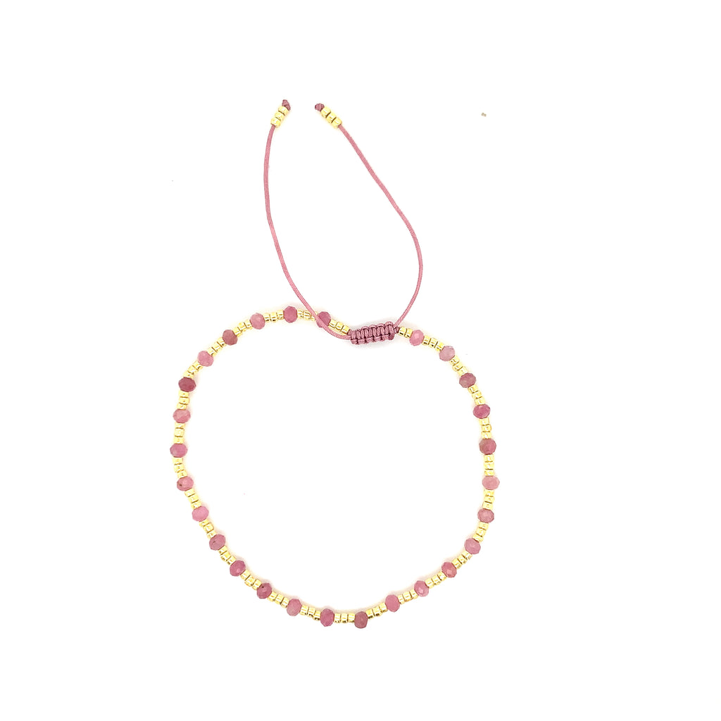 Adjustable Beaded Bracelet - Pink & Gold Gemstone