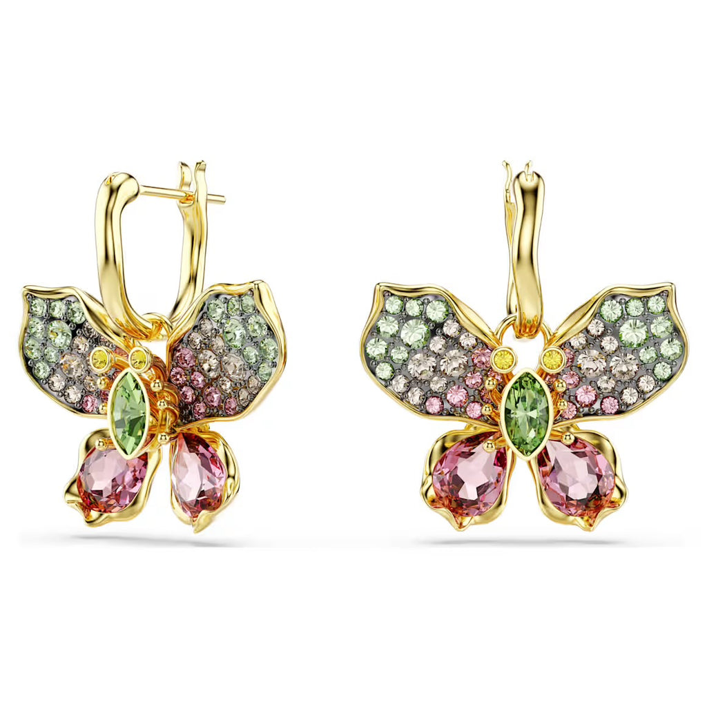 Idyllia Multicoloured Mixed Cuts Pave Butterfly Gold Drop Earrings