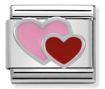 Love - Pink & Red Double Heart Silver Charm