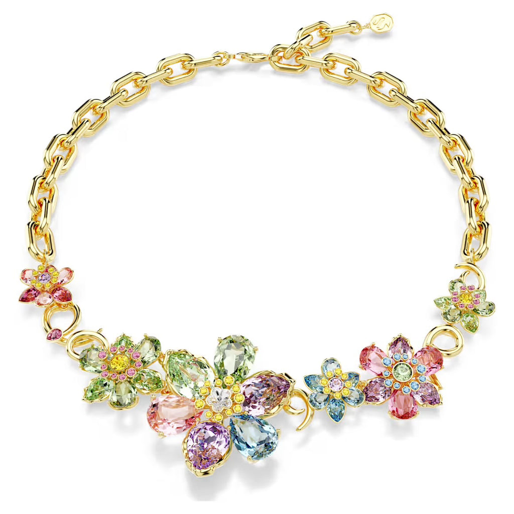 Idyllia Multicoloured Flower Mixed Cuts Gold Necklace