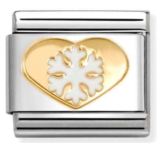 Christmas - Heart with White Snowflake Gold Charm