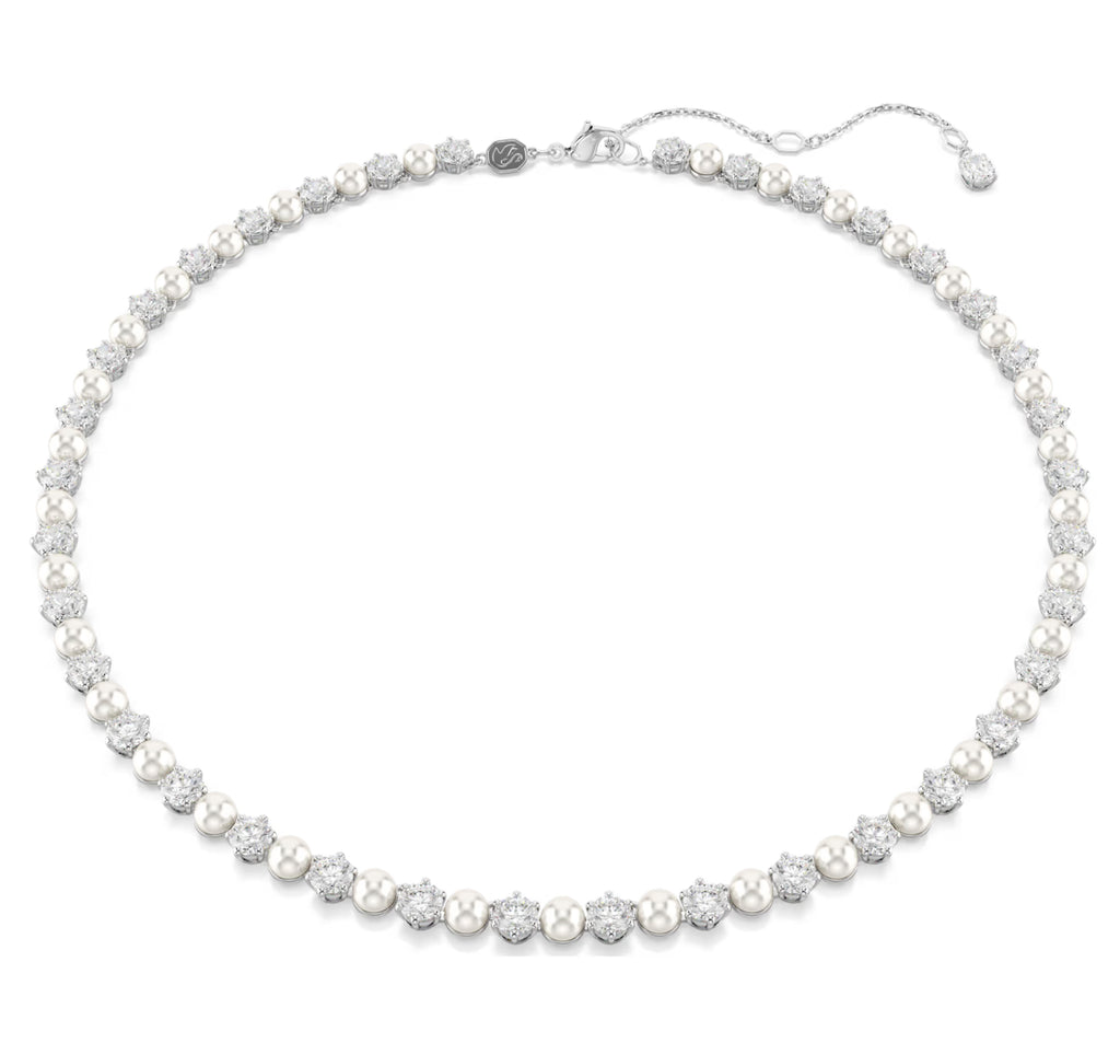 Matrix Crystal Pearl & Round Cut Silver Tennis Necklace