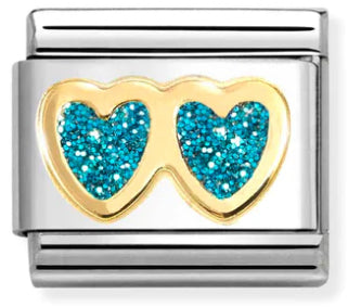 Glitter - Double Turquoise Heart Gold Charm