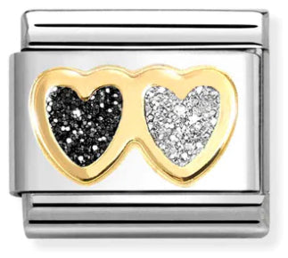 Glitter - Double Black & Silver Heart Gold Charm