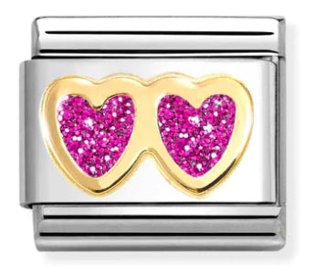 Glitter - Double Fuchsia Heart Gold Charm