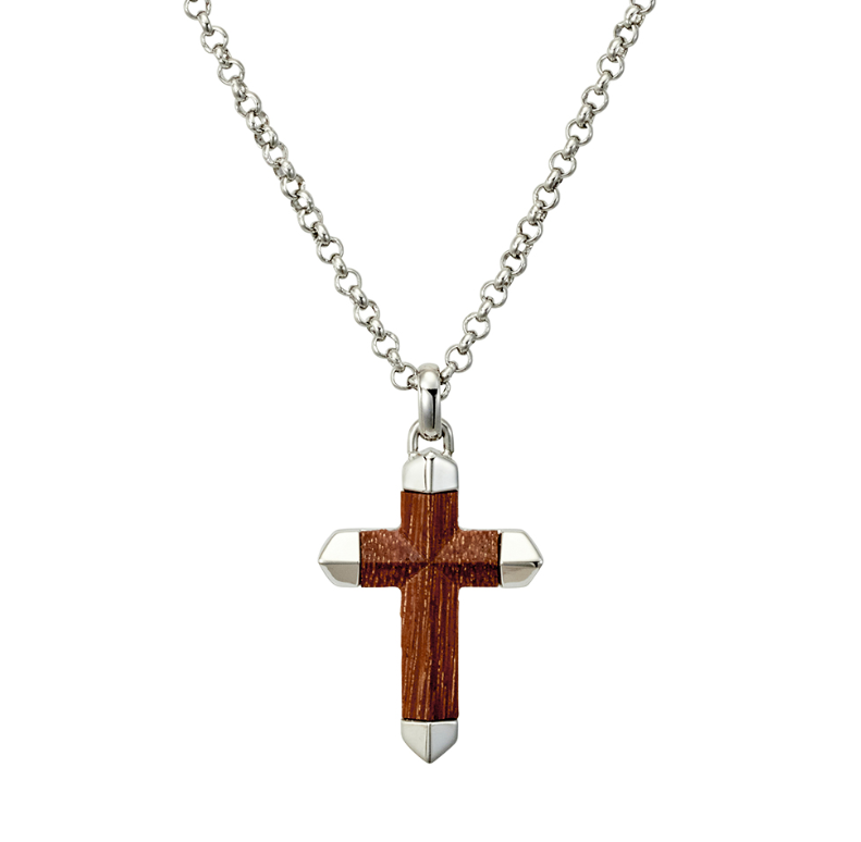 Necklace - Blaze Men’s Polished Stainless Steel Necklace with Carbon Fibre Inlay Cross Pendant