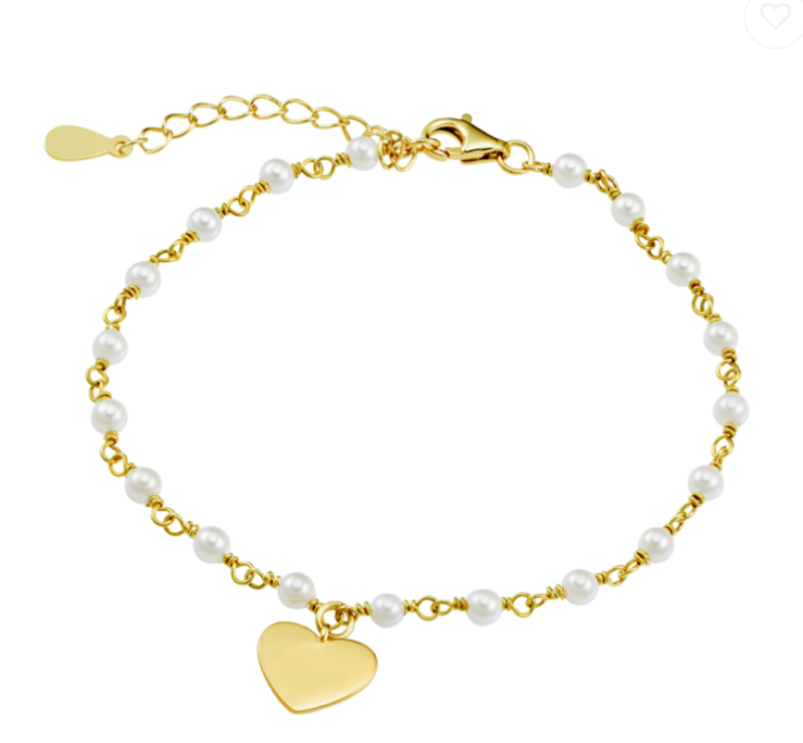 Pearls and Flat Engravable Heart Charm Bracelet