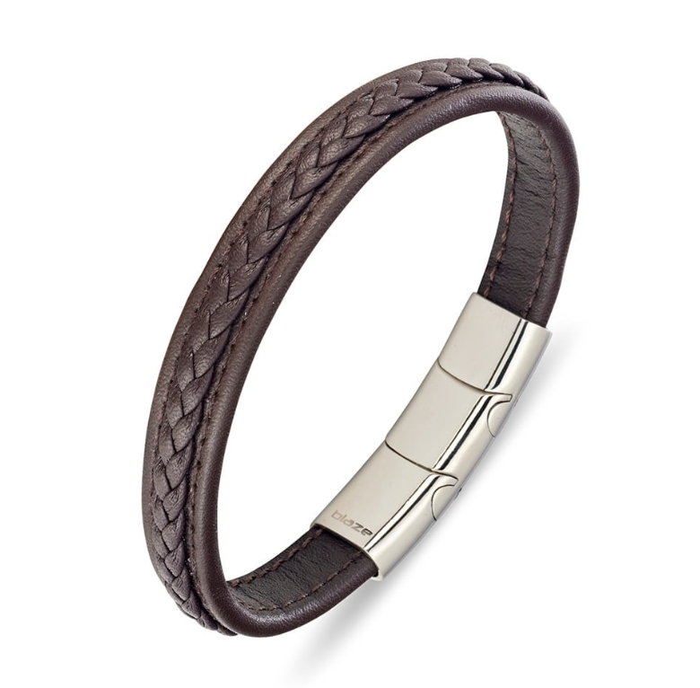 Bracelet - Blaze Stainless Steel Men's Leather Bangle with Stitching