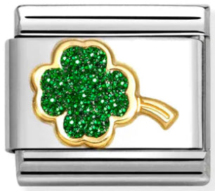 Glitter - Green Four Leaf Clover Gold Charm