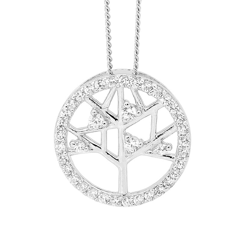 SS WH CZ 15mm Tree of Life Pendant w/ CZ Surrounding