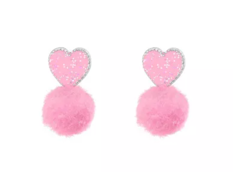 Kids Pink Heart Pom Pom Stud Earrings