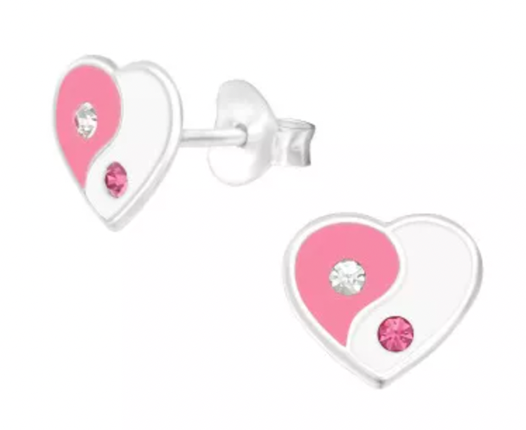 Kids Pink Ying & Yang Heart Stud Earrings