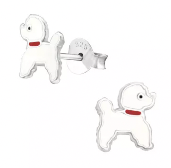 Kids White/ Red Collar Dog Stud Earrings