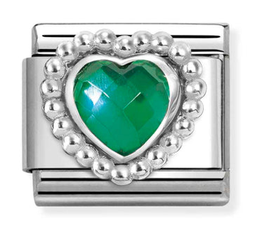 Gemstone - Green Faceted CZ Heart with Dots Beaded Setting Silver Charm