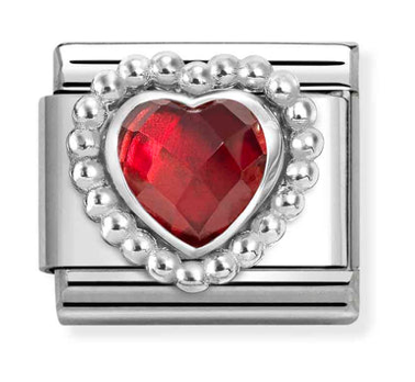 Gemstone - Red Faceted CZ Heart with Dots Beaded Setting Silver Charm