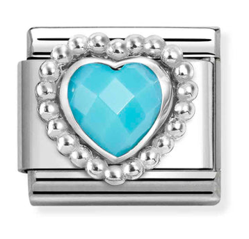 Gemstone - Turquoise Faceted CZ Heart with Dots Beaded Setting Silver Charm