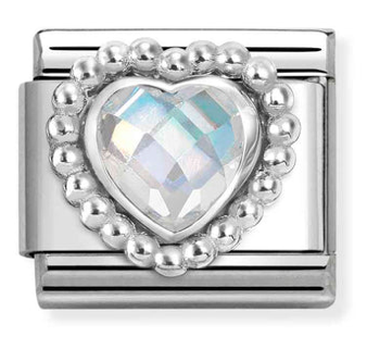 Gemstone - White Faceted CZ Heart with Dots Beaded Setting Silver Charm