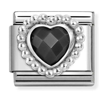 Gemstone - Black Faceted CZ Heart with Dots Beaded Setting Silver Charm