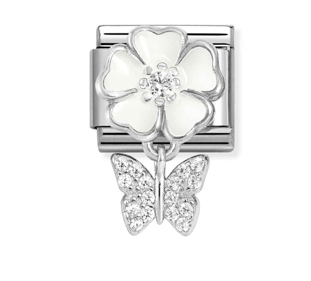 Dangle - White Flower & Butterfly CZ Drop Silver Charm