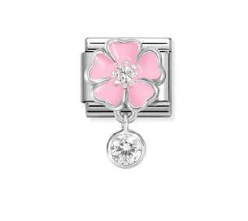 Dangle - Pink Flower with Round Drop Silver Charm