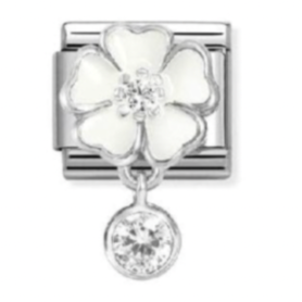 White Flower with Round Drop Silver Charm