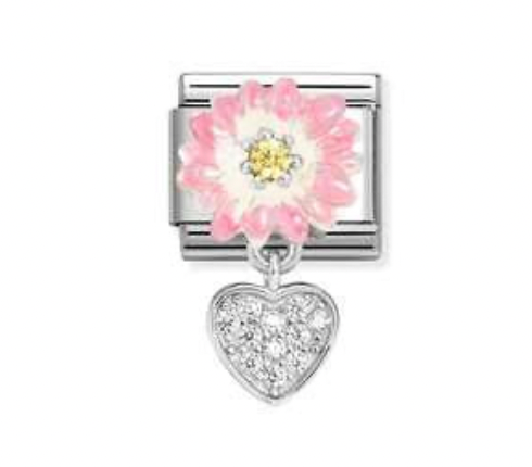 Dangle - Pink Daisy with Heart Drop Silver Charm