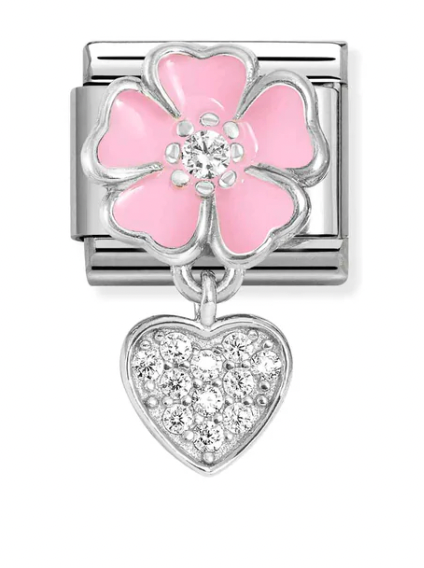 Dangle - Pink Flower with Heart Drop Silver Charm