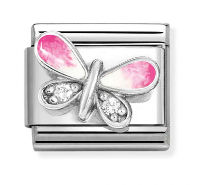 Animal - Butterfly Pink & White Silver Charm