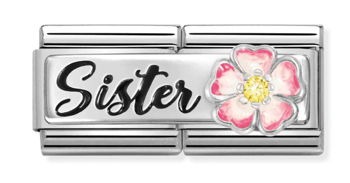 Double Link - Sister with Flower Silver Charm