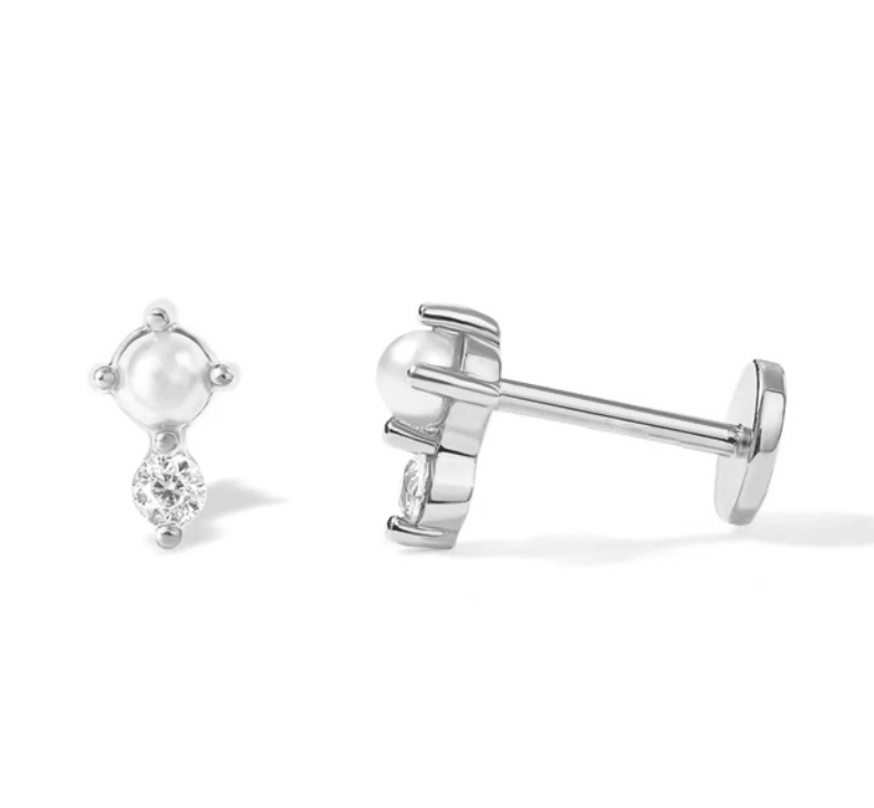 Flat Back Single Earring - Pearl & CZ