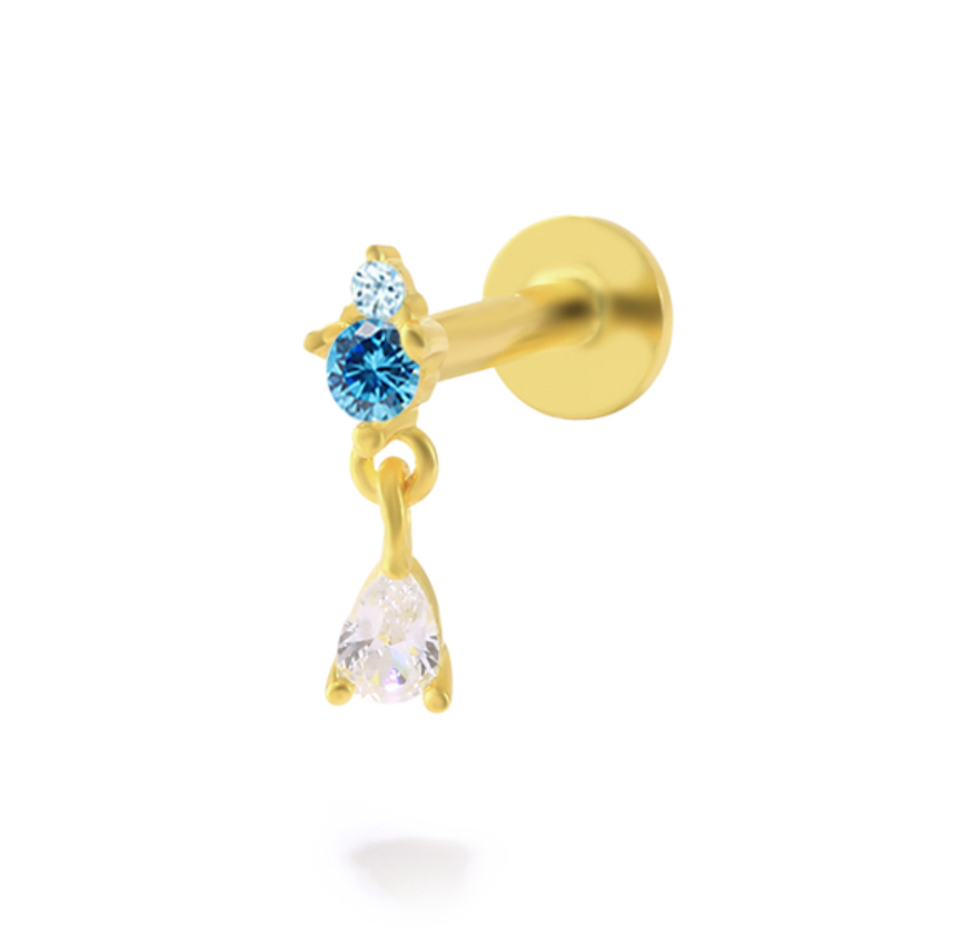 Flat Back Single Earring - Aquamarine CZ Drop