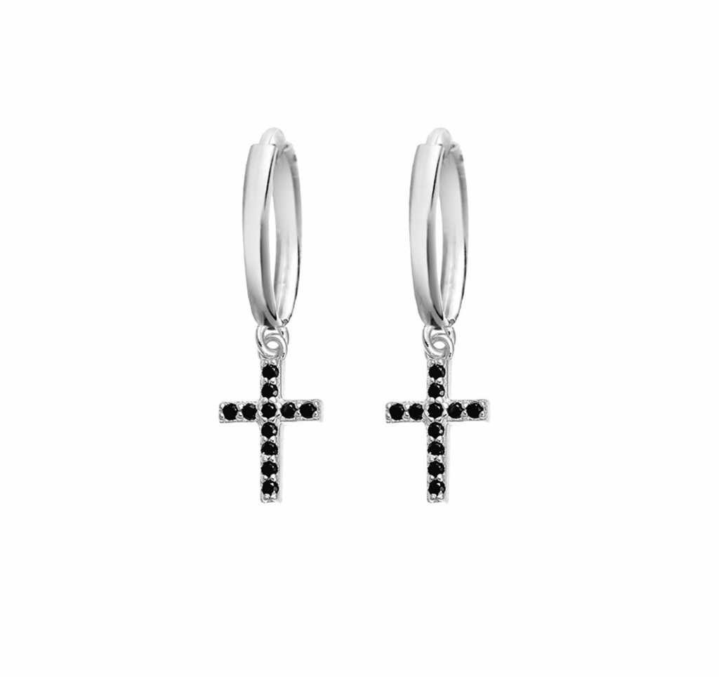 Earring - Silver Cross w/ Black CZs Huggie