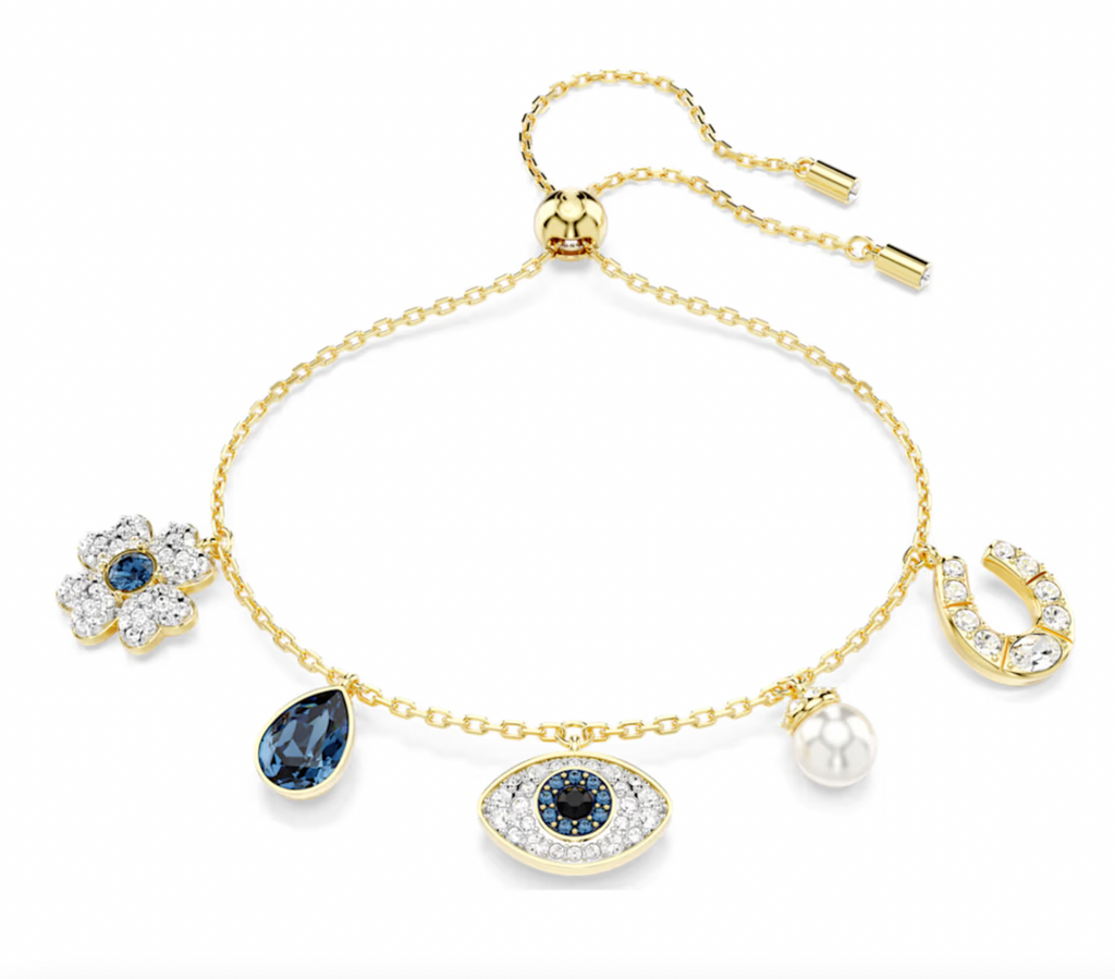 Symbolica Clover, Evil Eye, Horseshoe, Blue & Gold Tone Bracelet