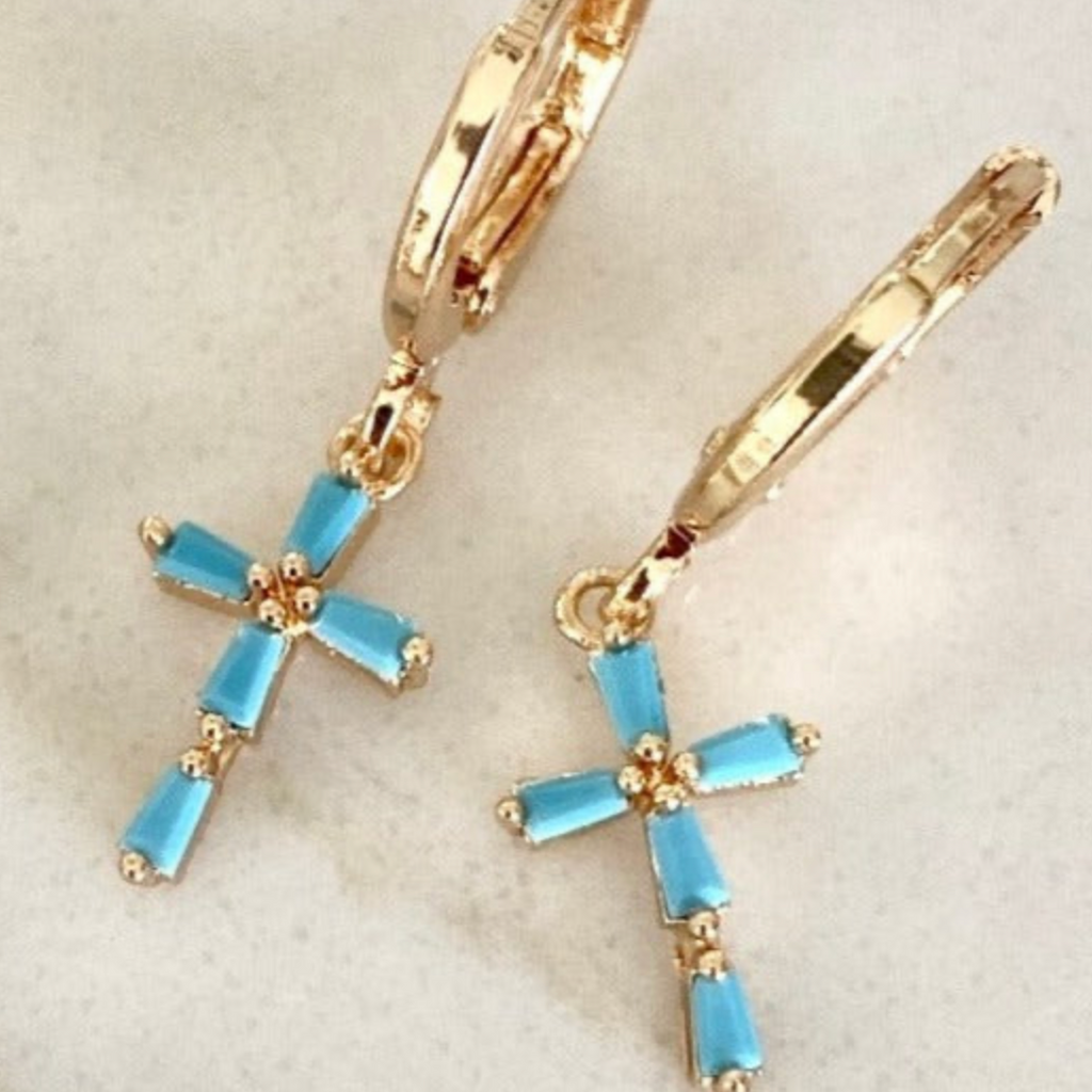 Zoe Turquoise Cross Huggie Earrings