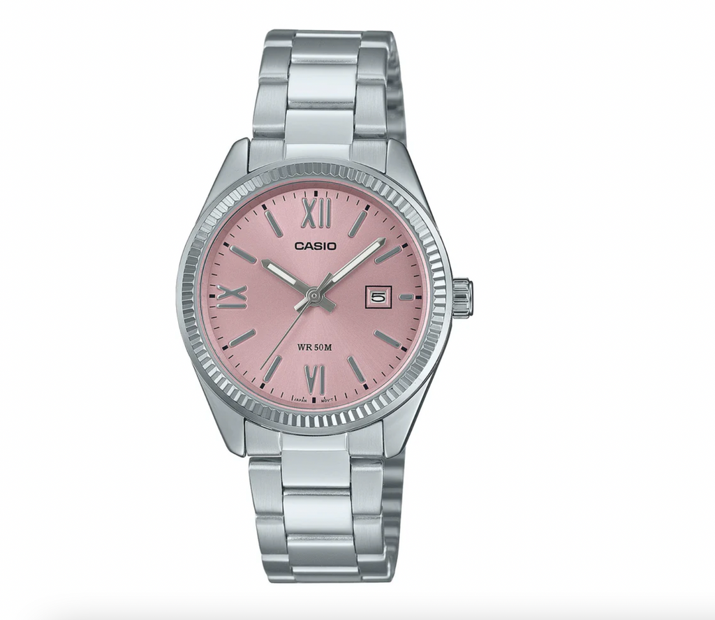 Casio Ladies Analogue Pink Face/Stainless Steel Band Watch