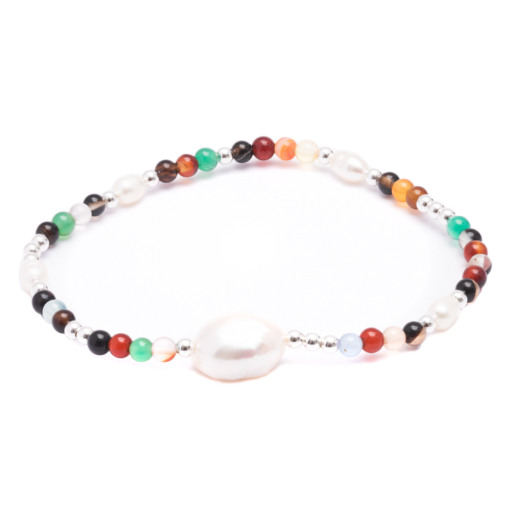 Elastic Bracelet - Pearls and Multi Coloured Stones