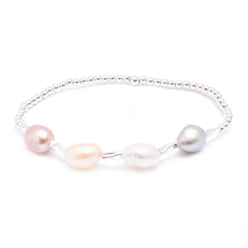 Elastic Bracelet  - Mixed Coloured Pearls and Silver Beads