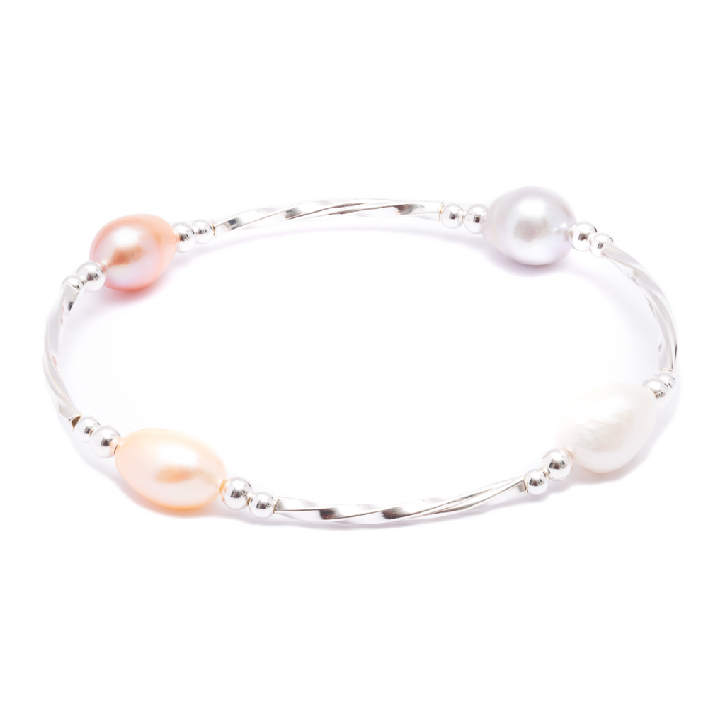 Elastic Bracelet  - 4 Pearls and Silver Beads