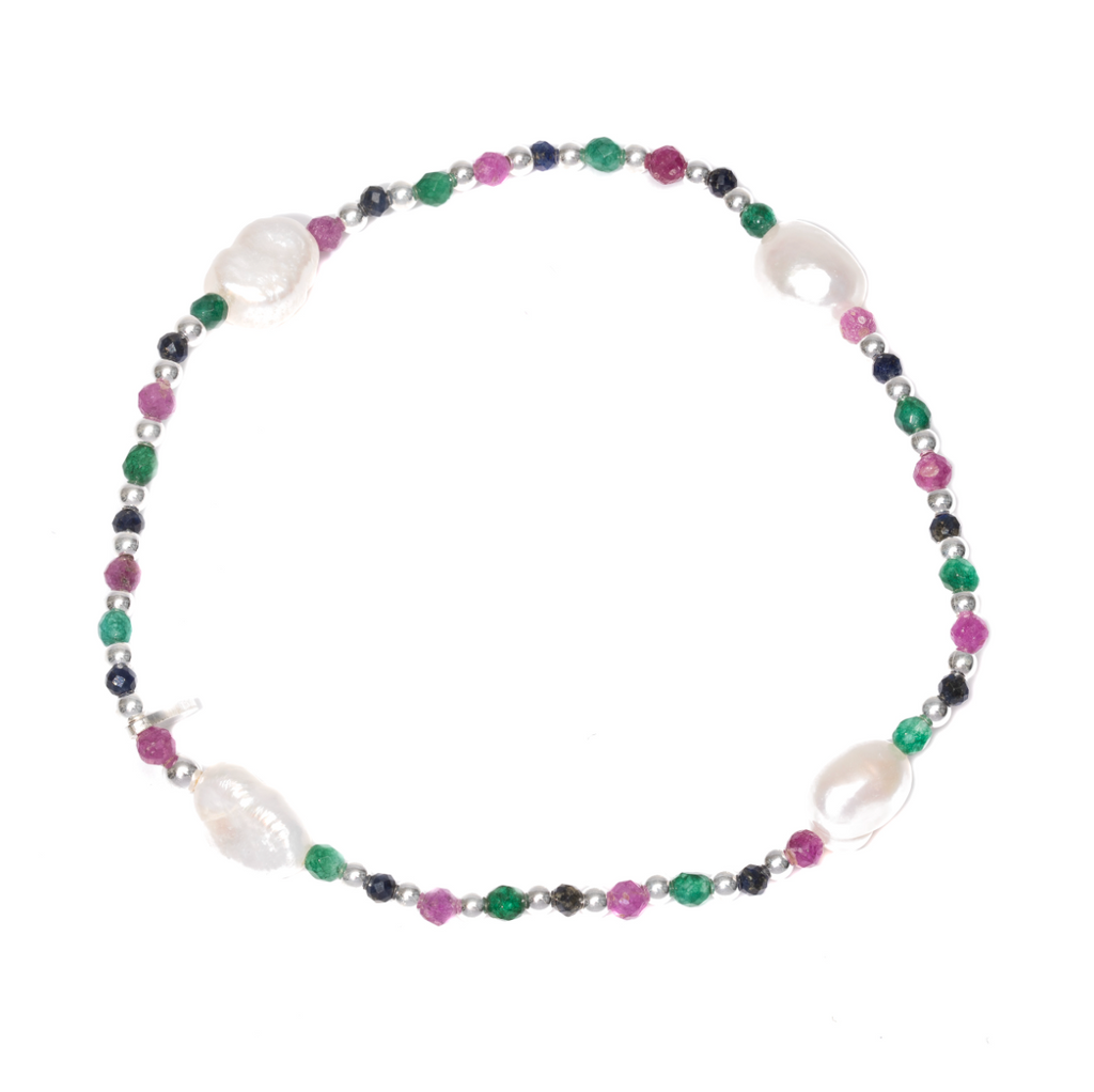 Elastic Bracelet - 4 Oval Pearls & Multi Coloured Beads