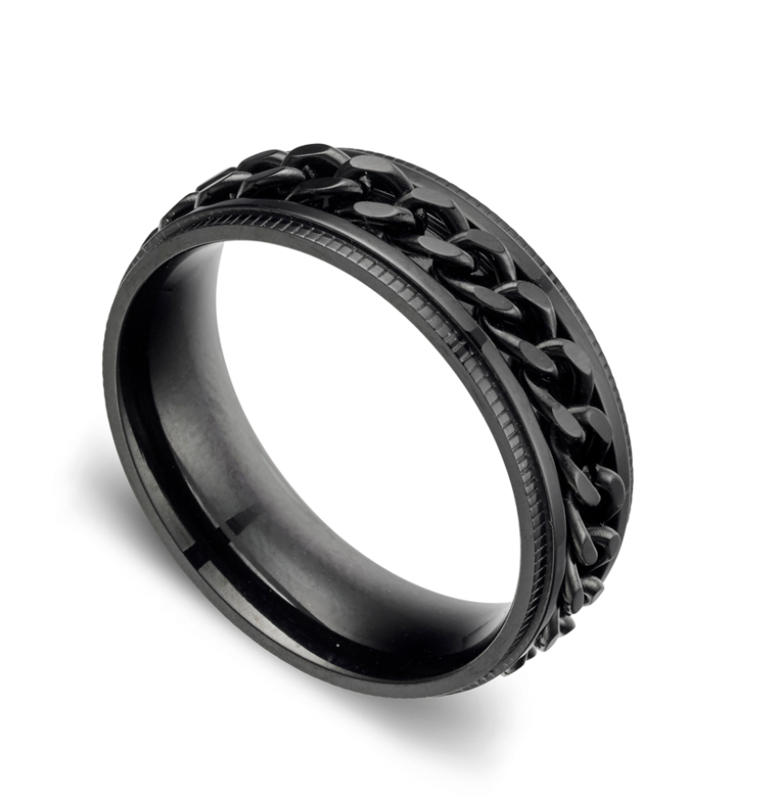 Men Fidget Ring - Stainless Steel IP Black Curb Link Inlay Spinner  Ring