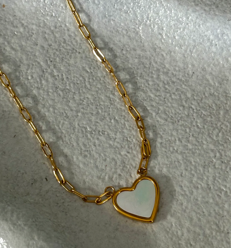 Mother of Pearl Gold Heart Paperclip Necklace