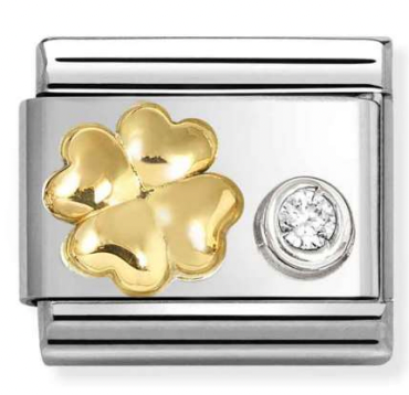 Good Luck - Four-Leaf Clover with White CZ Gold Charm