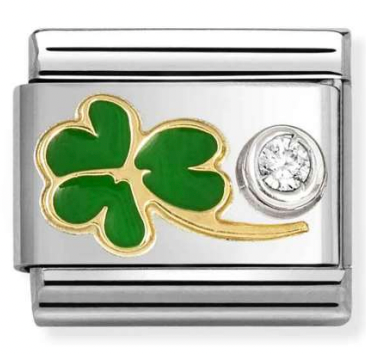 Good Luck - Green Clover with White CZ Gold Charm