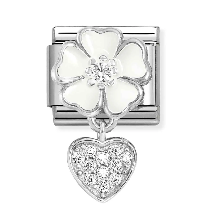 Dangle - White Flower with Heart Drop Silver Charm