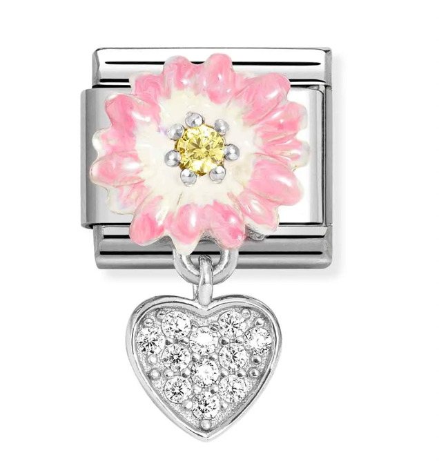 Dangle - Pink Daisy with Heart Drop Silver Charm