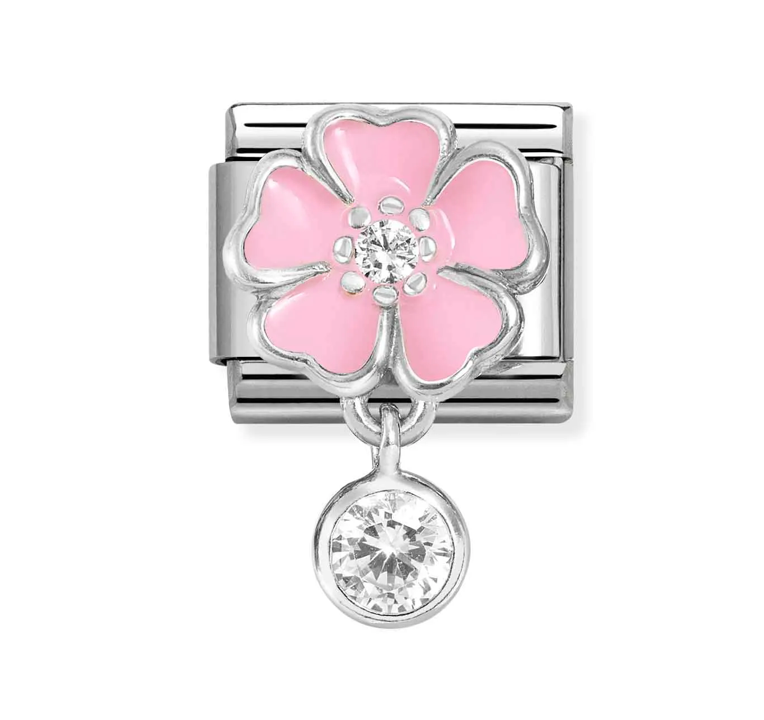 Dangle - Pink Flower with Round Drop Silver Charm