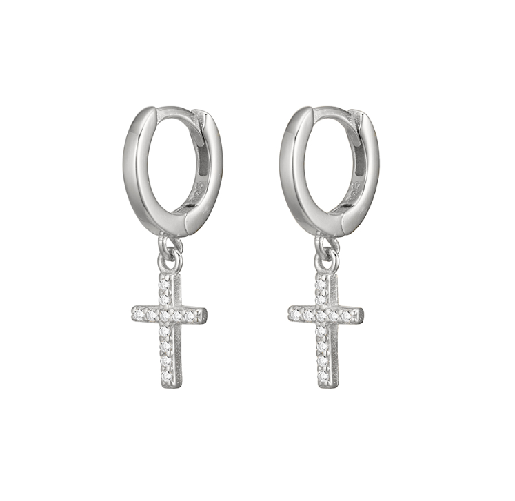 Huggie earrings with CZ cross - 2 colours